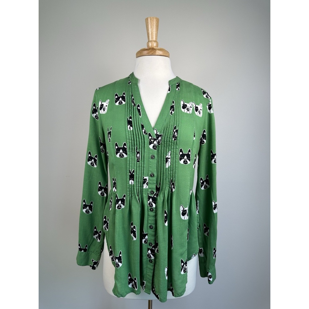 Maeve Anthropologie French Bulldog Dog Print Pintuck Peplum Cottage Blouse 8